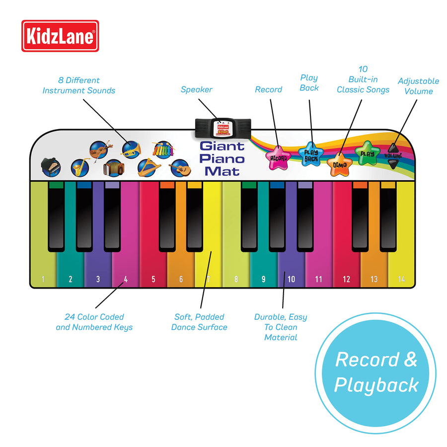 Kidzlane Floor Piano Mat for Kids and Toddlers | Giant 6 ft. Piano Mat, 24 Keys, 10 Song Cards, Built in Songs, Record & Playback, 8 Instrument Sounds | Musical Gift Toy for Boys & Girls Ages 3+