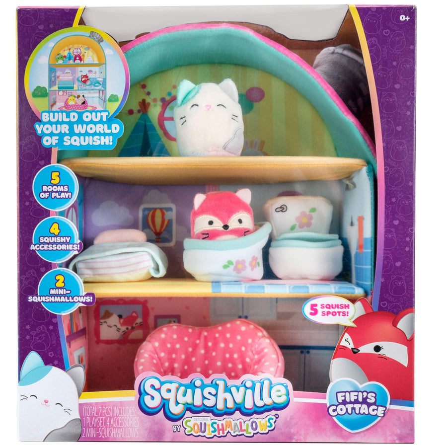 Squishville by Squishmallow Fifi’s Cottage Townhouse, 2” Blair and Fifi Soft Mini-Squishmallow and 4 Plush Furniture Accessories, Irresistibly Soft Plush Toys, 3 Floors to Explore, Amazon Exclusive