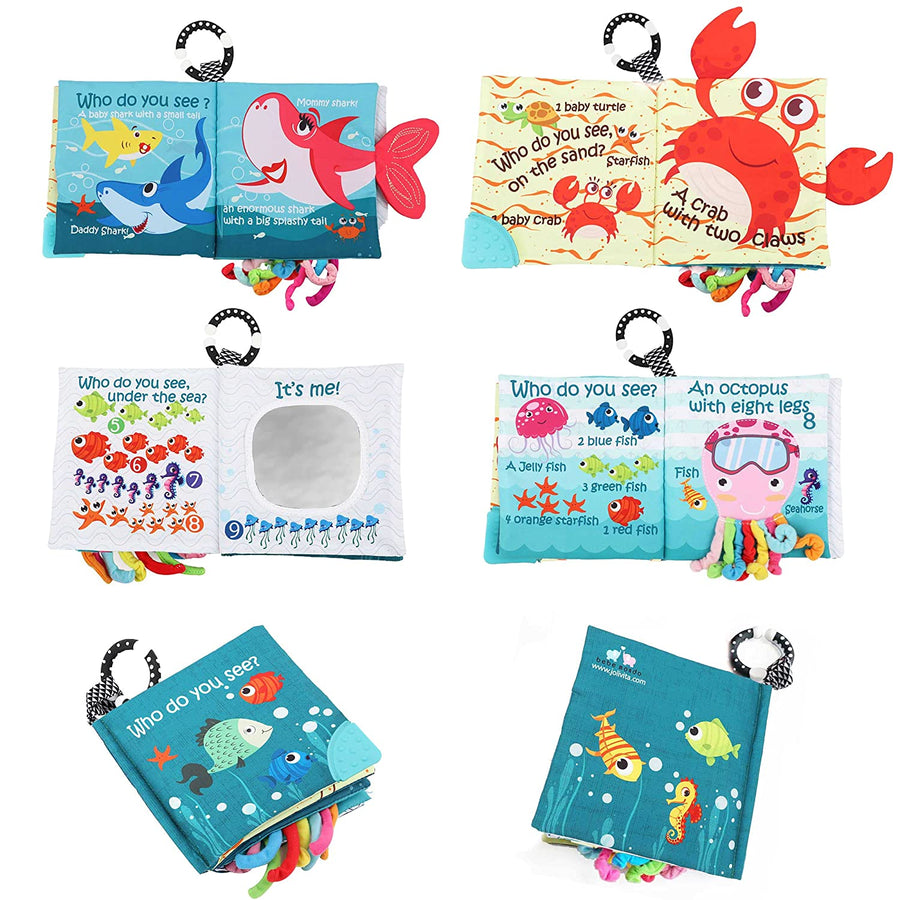 Fish Soft Cloth Book, Shark Tails Soft Activity Crinkle Baby Books Toys for Early Education for Babies,Toddlers,Infants,Kids, Teether Ring,Teething Baby Book Baby Shark,Octopus, Ocean Sea Animal Books