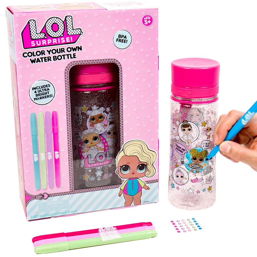 L.O.L. Surprise Color Your Own Water Bottle By Horizon Group Usa,DIY Bottle Coloring Craft Kit, BPA Free, Decorate Your Glitter Water Bottle With Colorful Markers & Gemstones, Multi Colored
