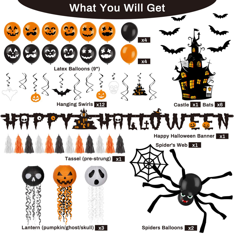 Decorlife Halloween Party Decorations, Halloween Decorations Indoor Including Happy Halloween Banner, Wire Lanterns, Hanging Swirls, Castle and Bats Centerpiece, Spiders and Web, Balloons