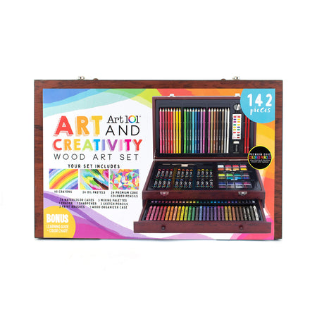 Art 101 Doodle and Color 142 Pc Art Set in a Wood Carrying Case, Includes 24 Premium Colored Pencils, A variety of coloring and painting mediums: crayons, oil pastels, watercolors; Portable Art Studio