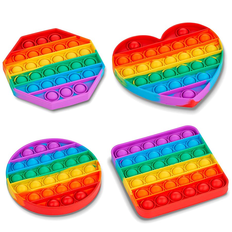 4 Pack Pop It Pop Its Rainbow Pop Fidget Toys Poppet Push Pop Bubble Fidget Popping Sensory Toy for Kids and Adults, Fidget Popper Stress Relief 4 Shapes Fidget Poppers Circle, Square, Octagon, Heart