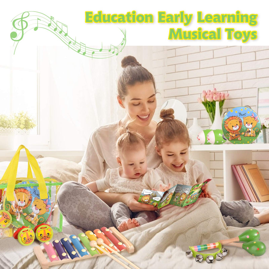 oathx Baby Musical Toys for Toddlers 1-3 Kids'Drum Percussion Instruments Set Wooden Xylophone Maracas Shakers Rattles Learning & Education Toys 6 12 18 7 8 9 10 Months Old