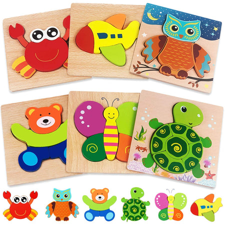 Wooden Puzzles for Toddlers 1-3 Toys Gifts for 1 2 3 Year Old Boys Girls, 6 Pack Animal Jigsaw Toddler Puzzles, Learning Educational Preschool Toys