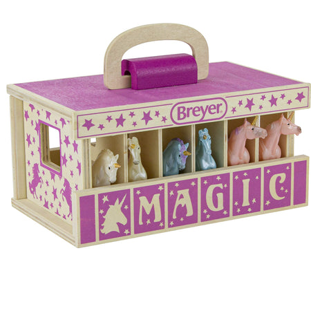 Breyer Horses Unicorn Magic Wooden Stable Playset with 6 Unicorns | 6 Piece Playset | 6 Stablemates Unicorns Included | 6” H x 9” L x 2.5” D | 1:32 Scale | Model #59218, Multicolor