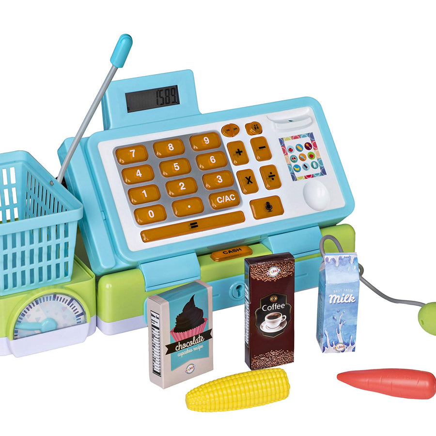 Playkidz Interactive Toy Cash Register for Kids - Sounds & Early Learning Play Includes Play Money Handheld Real Scanner Working Scale & Calculator, Live Microphone Food Boxes Plastic Fruit & Basket