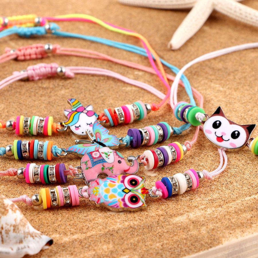 Lorfancy 12 Pcs Kids Girls Women Bracelets Jewelry Animal Pendant Unicorn Owl Cute Women Bracelet Multicolor Rhinestone Woven Friendship Bracelets for Party Favors Pretend Play Bracelets Kids