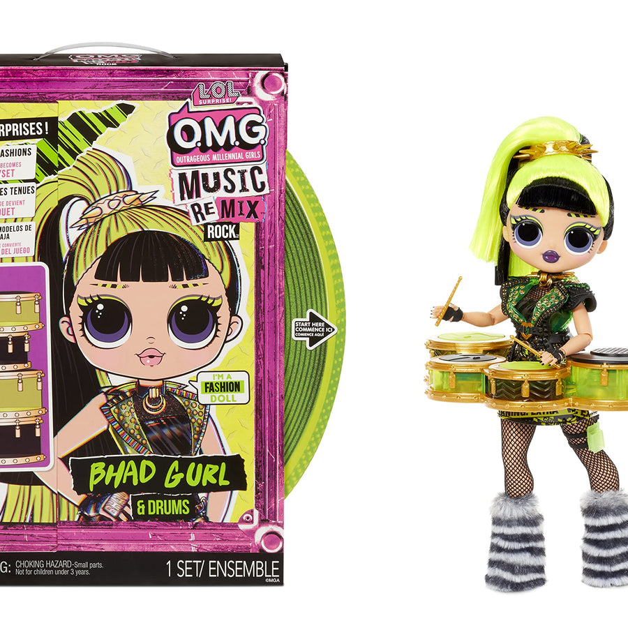 LOL Surprise OMG Remix Rock Bhad Gurl Fashion Doll with 15 Surprises Including Drums, Outfit, Shoes, Stand, Lyric Magazine, and Record Player Playset - Gift for Kids, Toys for Girls Boys Ages 4 5 6 7+