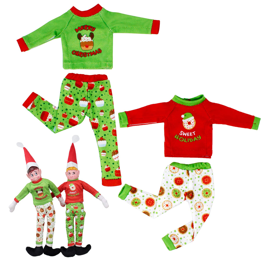 JOYIN 2 Packs Santa Couture Ugly Sweaters for Elf Doll, Cupcakes and Donut Be Naughty Pjs, Green and Red , Festive Flannel PJ's