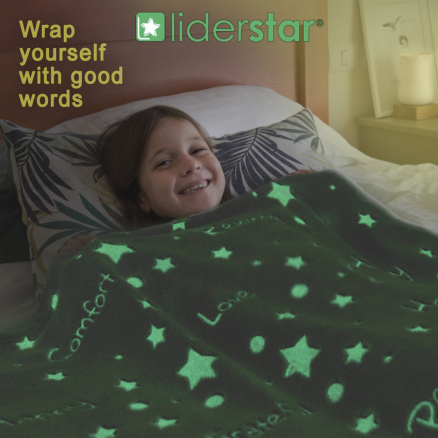 liderstar Glow in The Dark Throw Blanket,Super Soft Fuzzy Fluffy Plush Fleece,Decorated with Stars and Words of Healing, Christmas, Birthday Gift for Girls Boys Kids Teens Toddler, Gray,50"x 60"