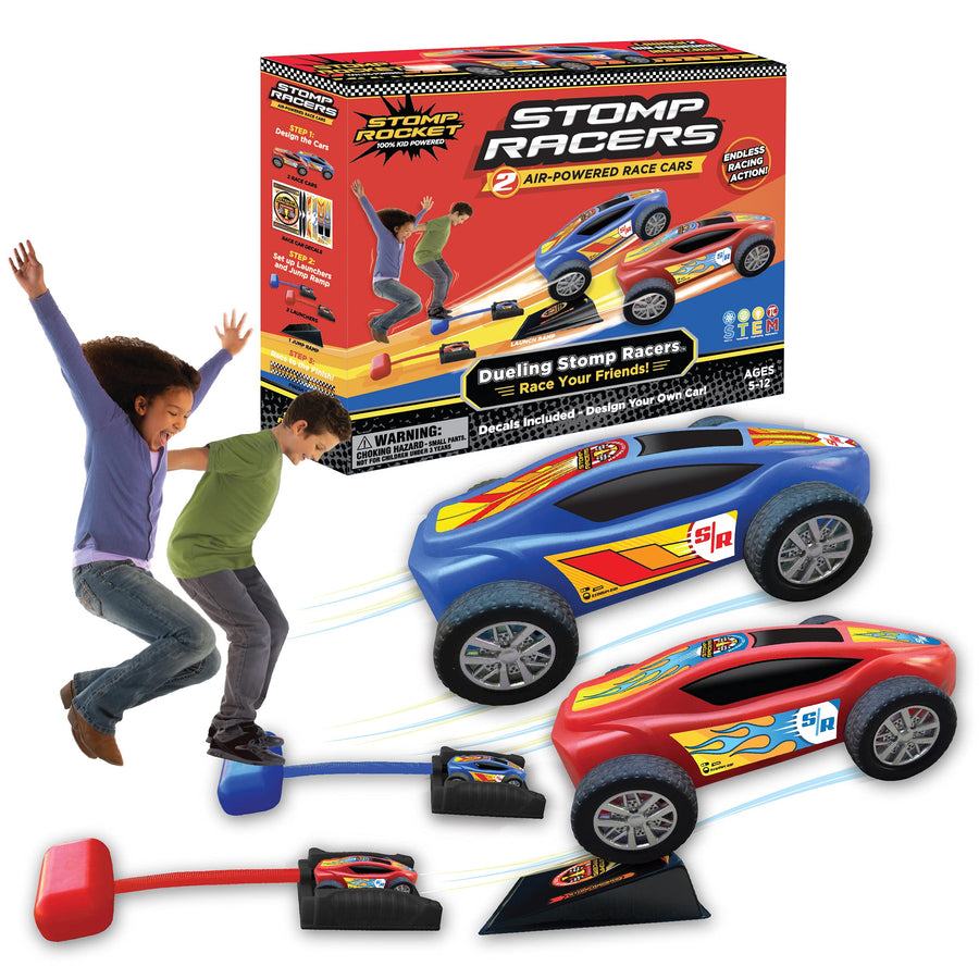 New Stomp Rocket Dueling Stomp Racers, 2 Toy Car Launchers and 2 Air Powered Cars with Ramp and Finish Line. Great for Outdoor and Indoor Play, STEM Gifts for Boys and Girls -Ages 5, 6, 7, 8