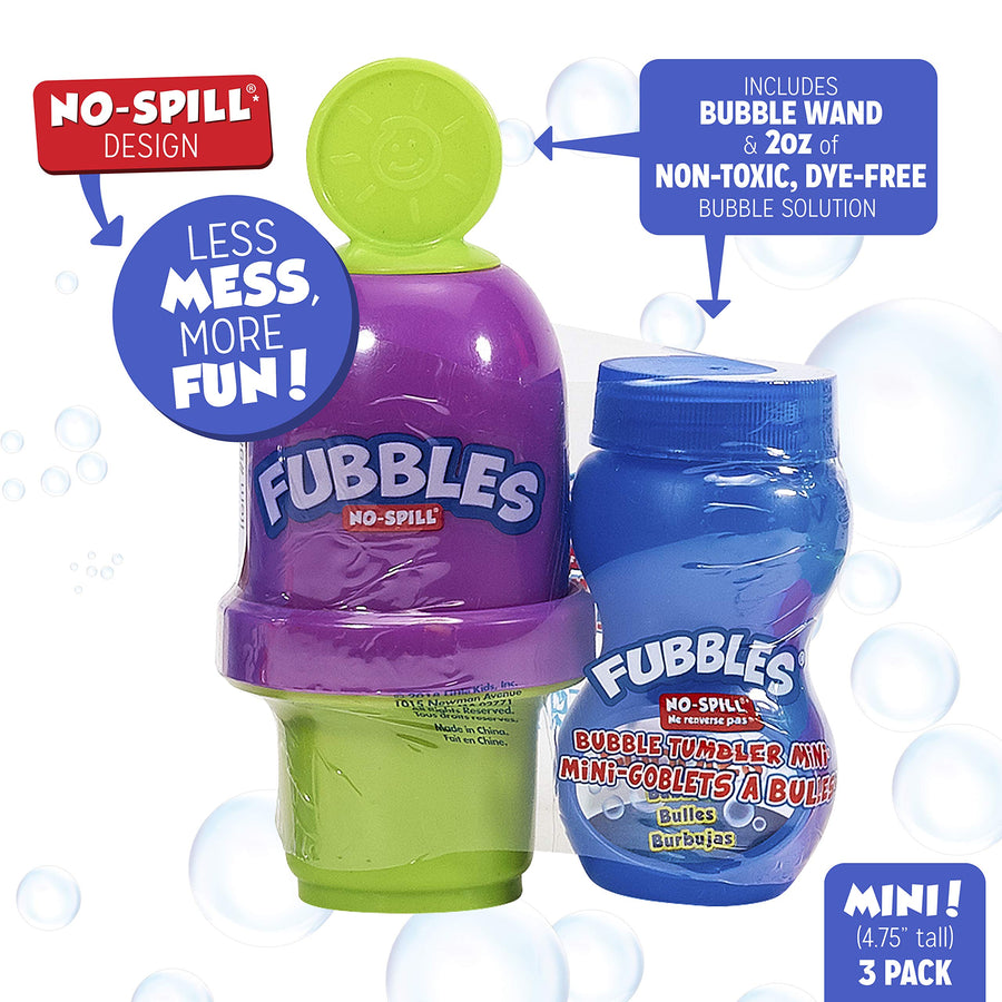 Little Kids Fubbles No Spill Bubble Tumbler Mini 3 Pack Party Favor Set, Includes 2oz of bubble solution and a wand per bottle (assorted colors)
