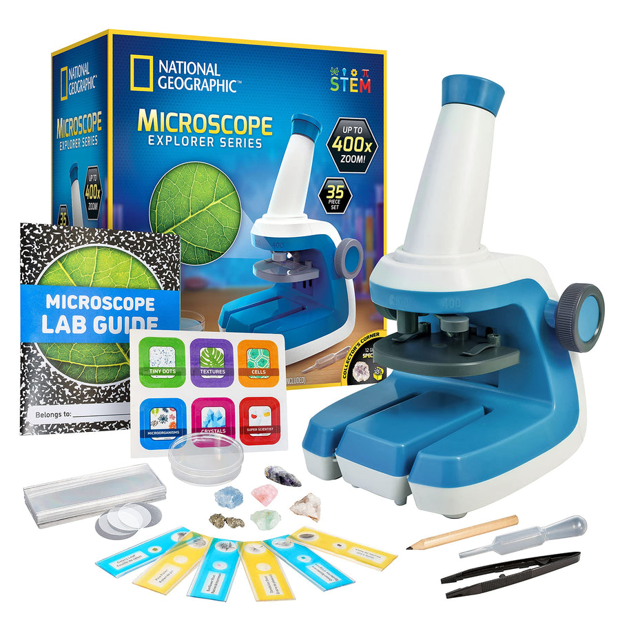 NATIONAL GEOGRAPHIC Microscope for Kids - STEM Kit with an Easy-to-Use Kids Microscope, Up to 400x Zoom, Blank and Prepared Slides, Rock and Mineral Specimens, and More, Great Science Project Set
