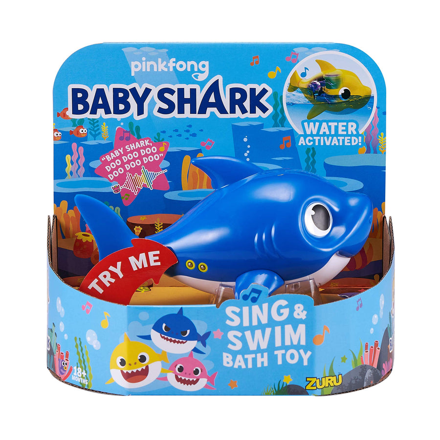 Robo Alive Junior Baby Shark Battery-Powered Sing and Swim Bath Toy by ZURU - Daddy Shark (Blue) (Custom Packaging)