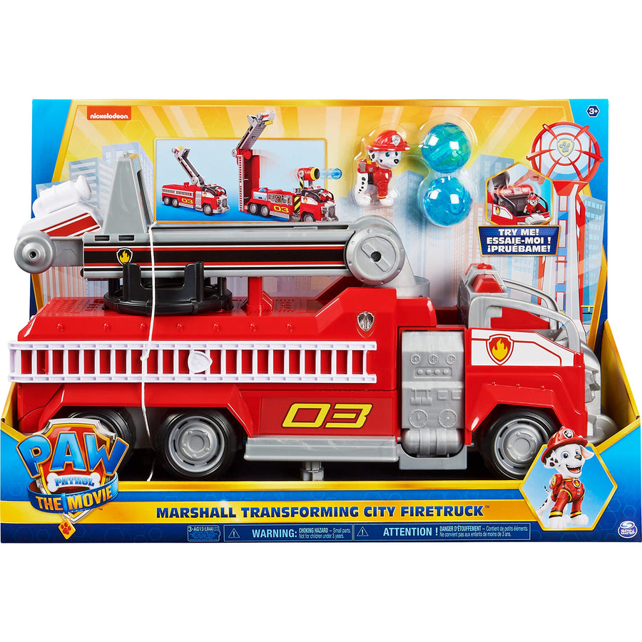 PAW Patrol, Marshall’s Transforming Movie City Fire Truck with Extending Ladder, Lights, Sounds and Action Figure, Kids Toys for Ages 3 and up