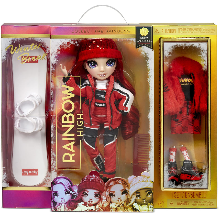 Rainbow High Winter Break Ruby Anderson – Red Fashion Doll and Playset with 2 Designer Outfits, Snowboard and Accessories, Gift for Kids and Collectors, Toys for Girls Ages 6 7 8+ to 12 Years Old