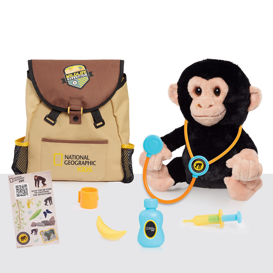 National Geographic Kids Chimpanzee Care & Nurture Vet Set, Interactive Stuffed Animal Toy, Sounds & Backpack, QR Code to Chimp Facts, Recycled Materials, Amazon Exclusive, by Just Play