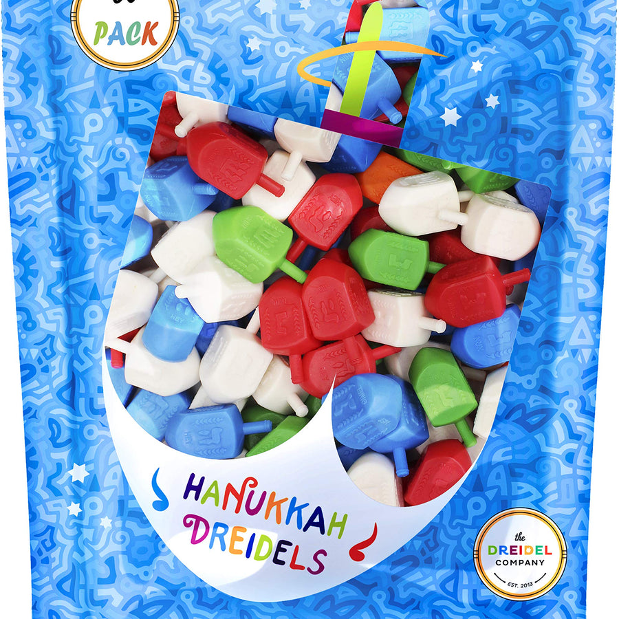 Hanukkah Dreidels 30 Bulk Pack Multi-Color Plastic Chanukah Draydels With English Transliteration In Reusable Ziplock Bag- Includes 3 Dreidel Game Instruction Cards (30-Pack)