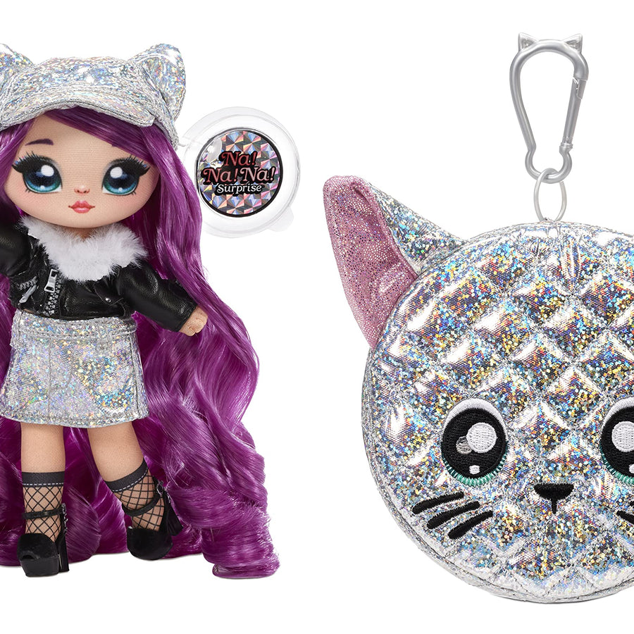 Na Na Na Surprise Glam Series Chrissy Diamond Fashion Doll & Metallic Cat Purse, Purple Hair, Cute Kitty Ear Hat Outfit & Accessories, 2-in-1 Gift for Kids, Toy for Girls & Boys Ages 5 6 7 8+ Years