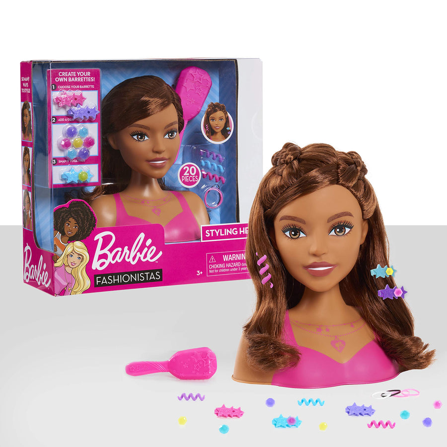 Barbie Fashionistas 8-Inch Styling Head, Brown Hair, 20 Pieces Include Styling Accessories, Hair Styling for Kids, by Just Play