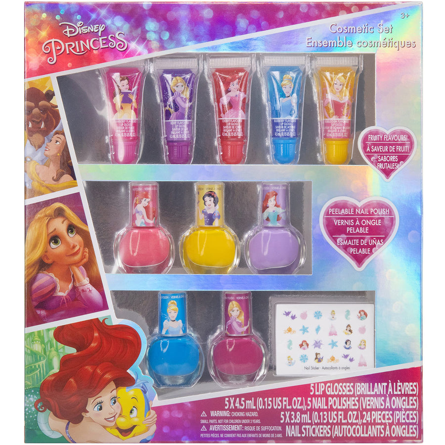 Disney Princess - Townley Girl Super Sparkly Cosmetic Makeup Set for Girls with Lip Gloss Nail Polish Nail Stickers - 11 Pcs|Perfect for Parties Sleepovers Makeovers| Birthday Gift for Girls 3 Yrs+