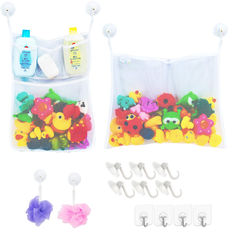 2 x Mesh Bath Toy Organizer + 6 Ultra Strong Hooks – The Perfect Bathtub Toy Holder & Bathroom or Shower Caddy – These Multi-use Net Bags Make Baby Bath Toy Storage Easy – For Kids & Toddlers