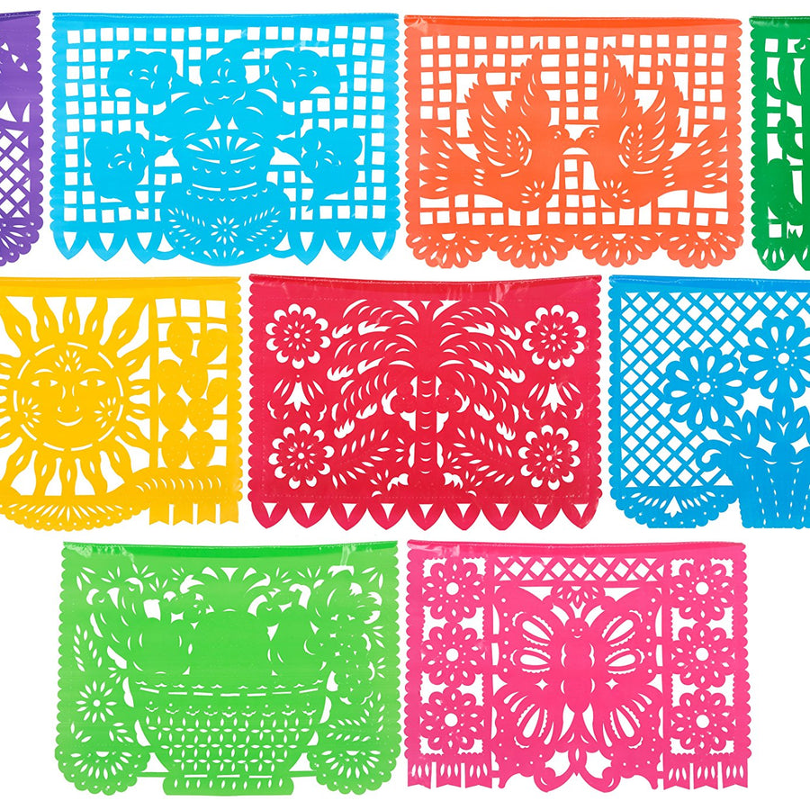 Paper Full of Wishes Festival Mexicano Large Plastic Papel Picado Banner, 9 Multi-Colored Panels 15 feet Long