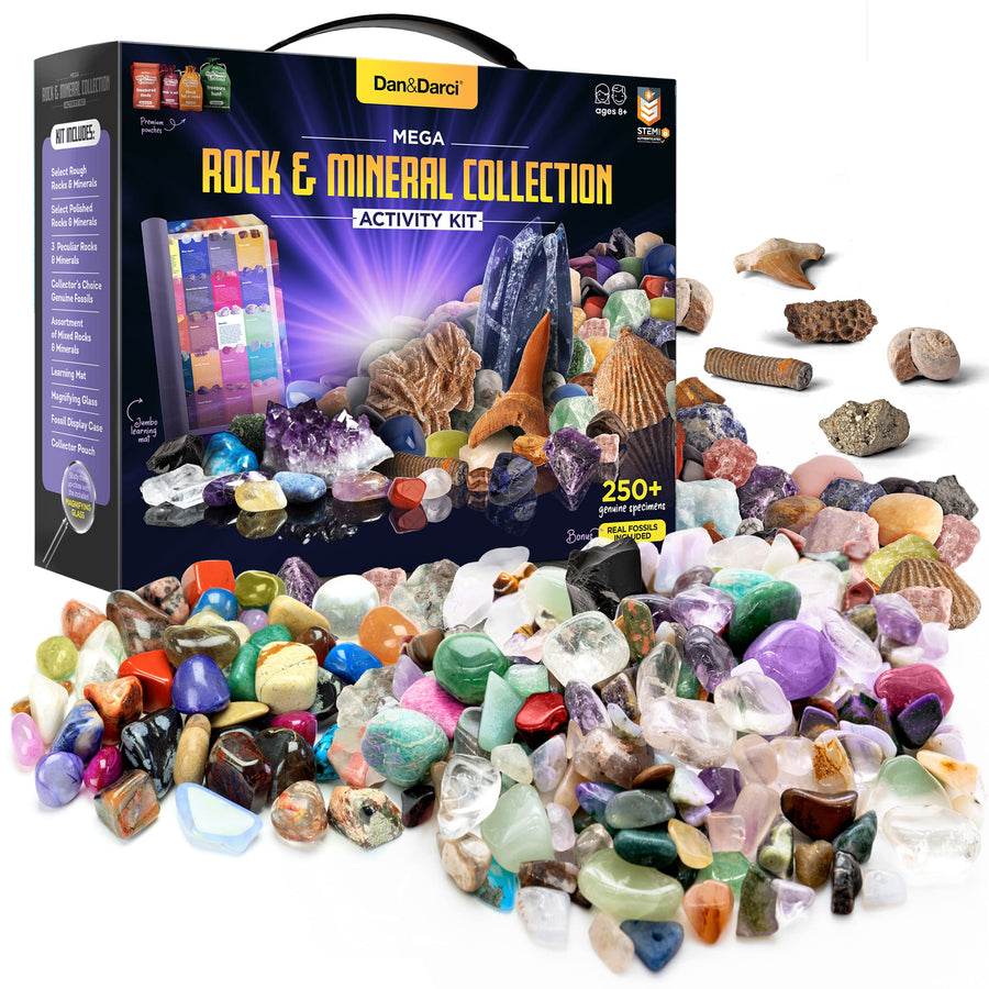Rock Collection for Kids. Includes 250+ Gemstones, Crystals, Fossil, Rocks and Mineral + Jumbo Learning Mat. Science Gift for Boys & Girls - 2 Lbs. Bulk Rough & Polished Gem Stones + Genuine Fossils