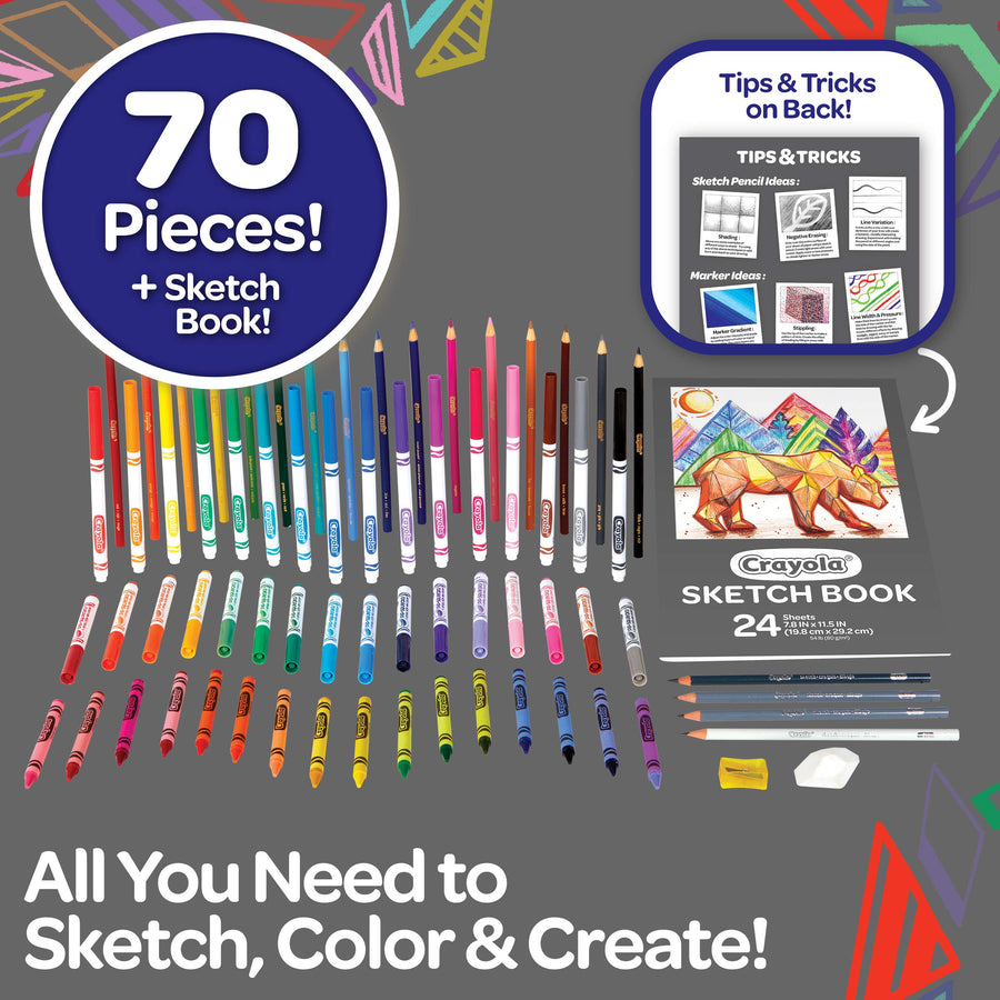 Crayola Coloring and Sketching Set, 70pcs + Sketch Book, Gift for Kids, 8, 9, 10, 11