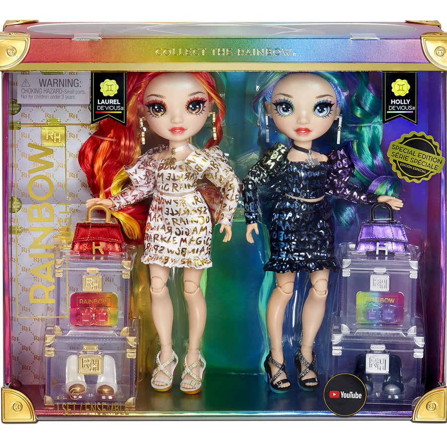 Rainbow High Special Edition Twin (2-Pack) Laurel & Holly De'Vious Fashion Dolls, Multicolor Designer Metallic Outfits, Gift for Kids and Collectors, Toys for Kids Ages 6 7 8+ to 12 Years Old