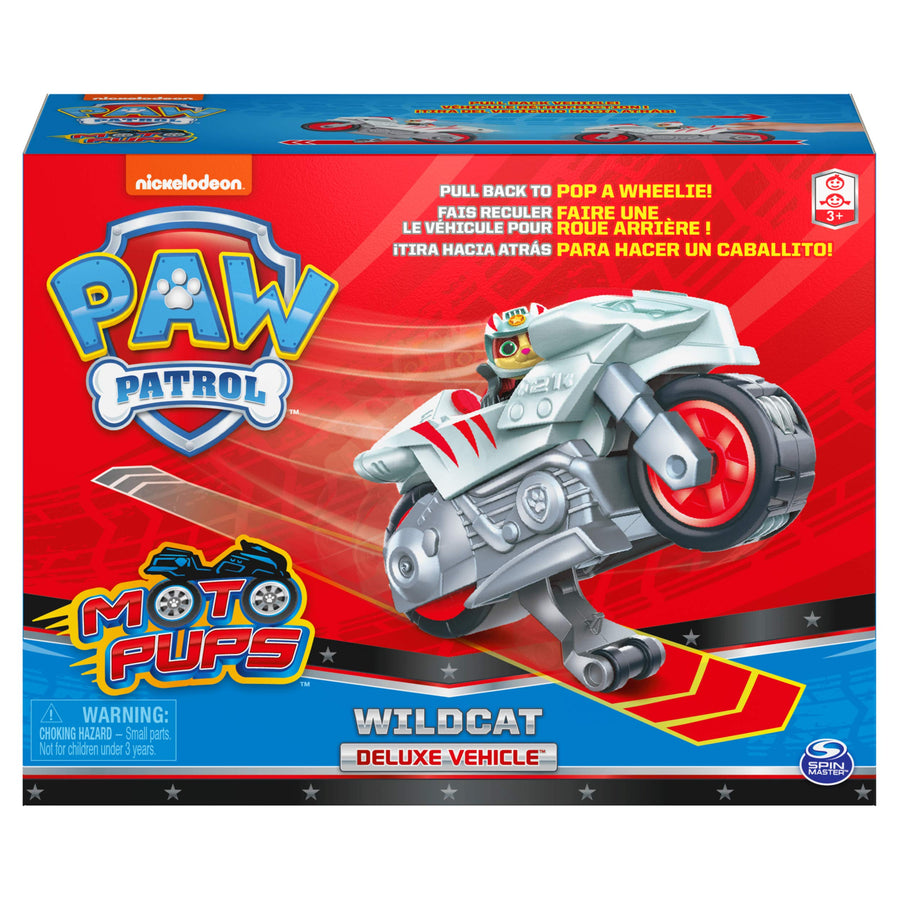 Paw Patrol, Moto Pups Wildcat’s Deluxe Pull Back Motorcycle Vehicle with Wheelie Feature and Toy Figure