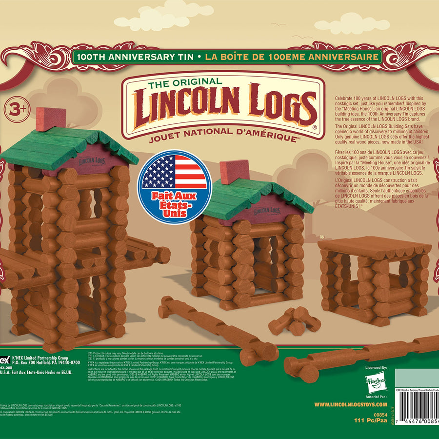 Lincoln Logs –100th Anniversary Tin-111 Pieces-Real Wood Logs-Ages 3+ - Best Retro Building Gift Set for Boys/Girls - Creative Construction Engineering – Top Blocks Game Kit - Preschool Education Toy, Brown (854)