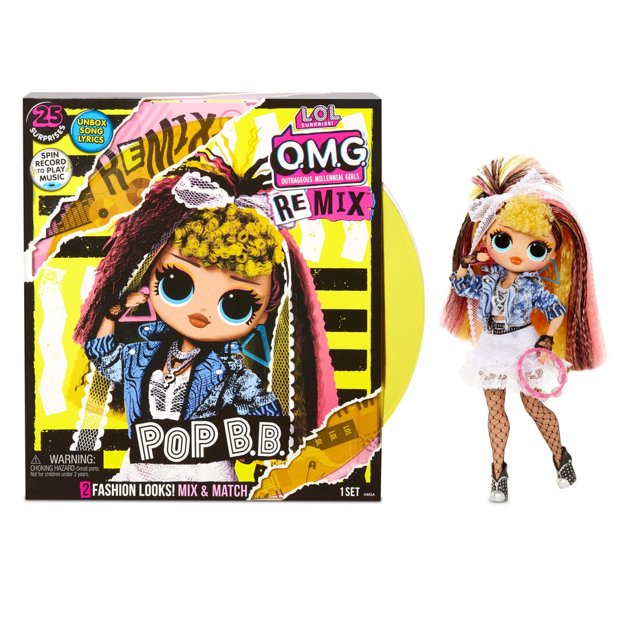 LOL Surprise OMG Remix Pop B.B. Fashion Doll, Plays Music, with Extra Outfit and 25 Surprises Including Shoes, Hair Brush, Doll Stand, Magazine, and Record Player Package - for Girls Ages 4+