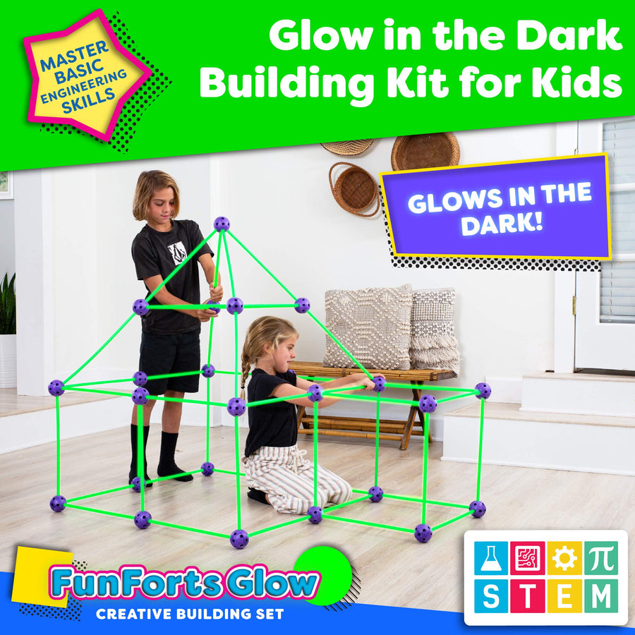 POWER YOUR FUN Fun Forts Glow Fort Building Kit for Kids - 81 Pack Glow in the Dark STEM Building Toys Indoor Outdoor Play Tent for Kids Construction Toys with 53 Rods and 28 Spheres