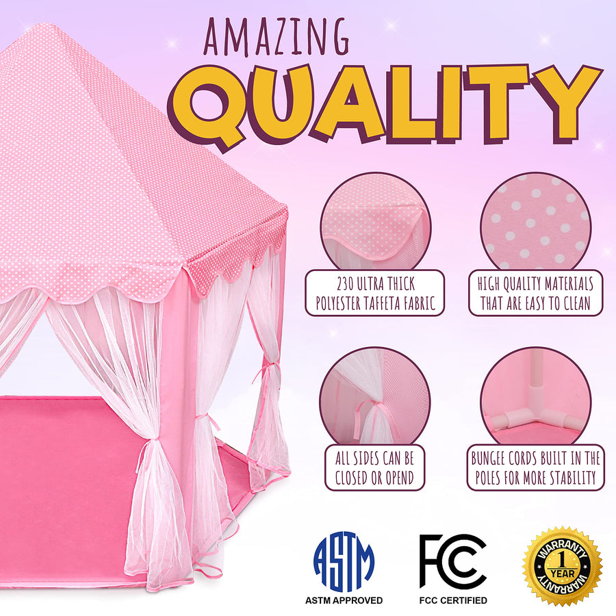 Orian Princess Castle Playhouse Tent for Girls with LED Star Lights – Indoor & Outdoor Large Kids Play Tent for Imaginative Games – ASTM Certified, Princess Tent, 230 Polyester Taffeta. Pink 55"x53".