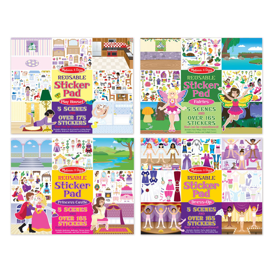 Melissa & Doug Reusable Sticker Pads Set: Fairies, Princess Castle, Play House, Dress-Up - 680+ Stickers