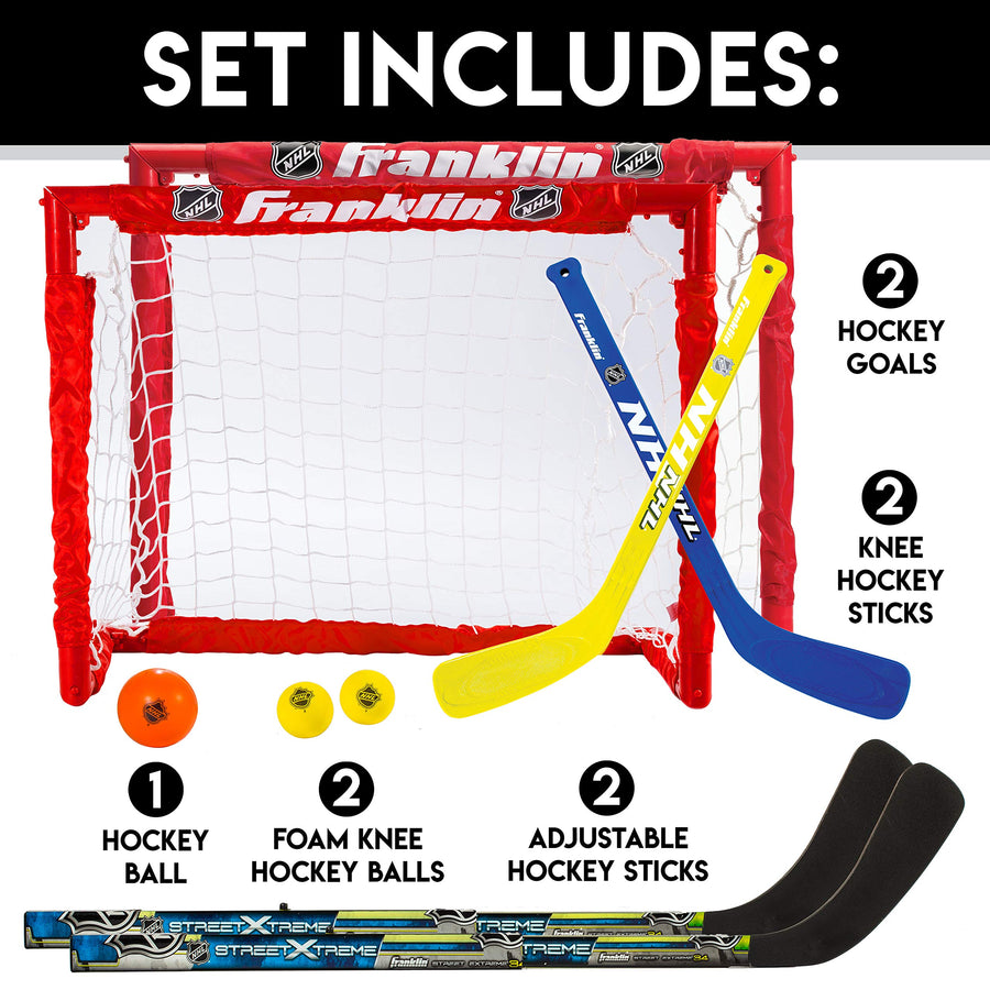 Franklin Sports Kids Folding Hockey 2 Goal Set - NHL - Street Hockey & Knee Hockey - Includes 2 Adjustable Hockey Sticks, 2 Knee Hockey Sticks, 2 Hockey Balls - 24 x 19 x 19 Inch Goal
