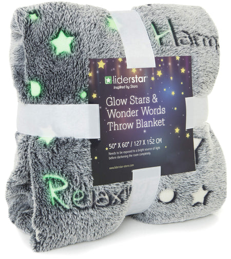 liderstar Glow in The Dark Throw Blanket,Super Soft Fuzzy Fluffy Plush Fleece,Decorated with Stars and Words of Healing, Christmas, Birthday Gift for Girls Boys Kids Teens Toddler, Gray,50"x 60"