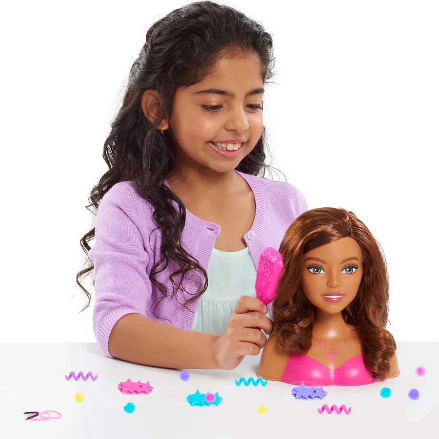 Barbie Fashionistas 8-Inch Styling Head, Brown Hair, 20 Pieces Include Styling Accessories, Hair Styling for Kids, by Just Play