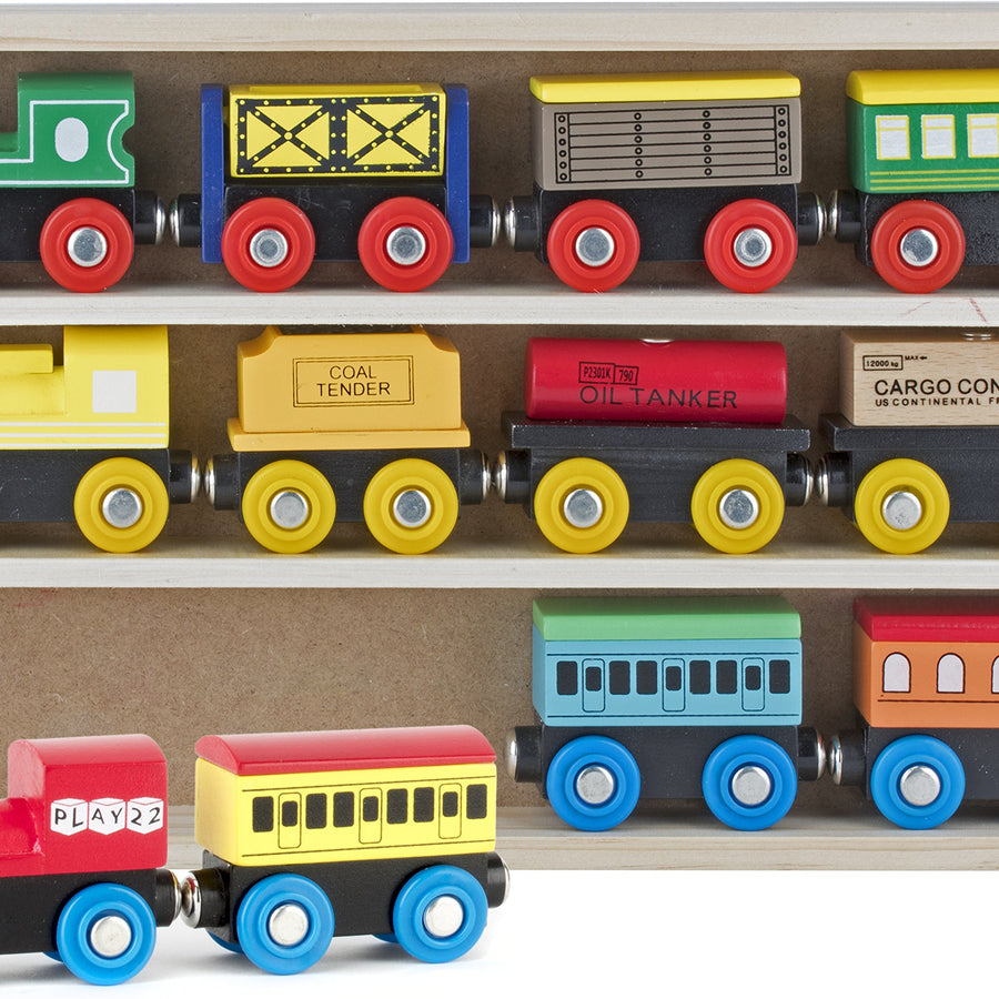 Play22 Wooden Train Set 12 PCS - Train Toys Magnetic Set Includes 3 Engines - Toy Train Sets For Kids Toddler Boys And Girls - Compatible With Thomas Train Set Tracks And Major Brands - Original