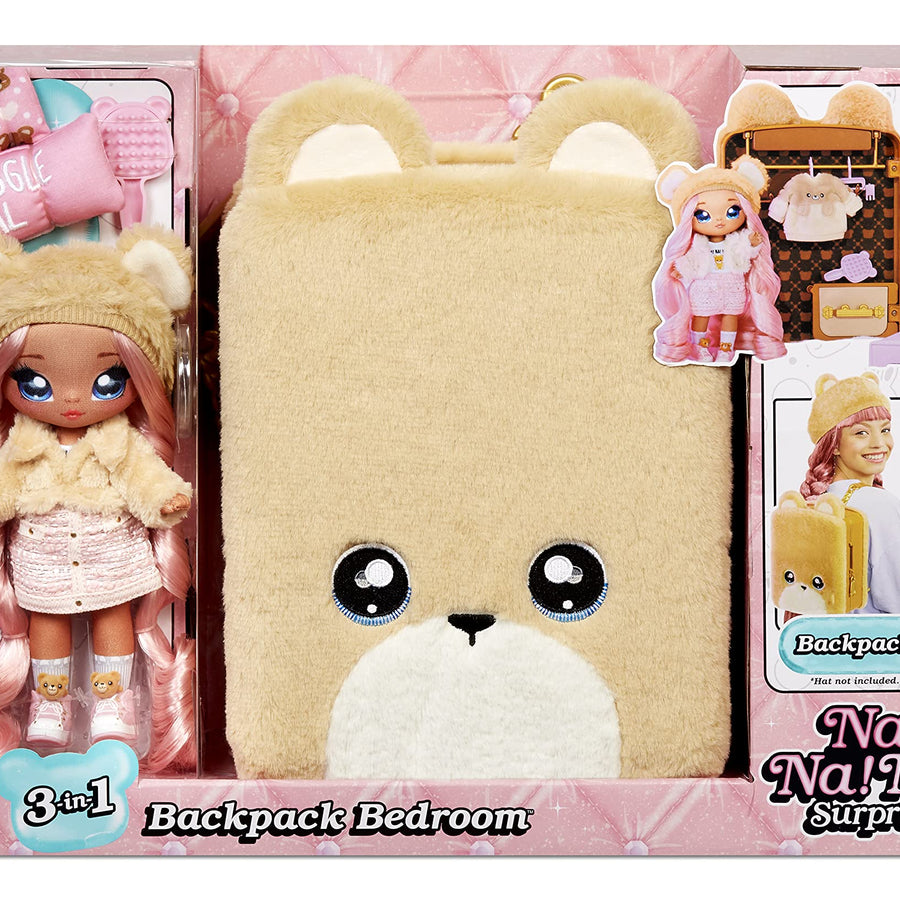 Na Na Na Surprise 3-in-1 Backpack Bedroom Playset Sarah Snuggles Fashion Doll in Exclusive Outfit, Fuzzy Teddy Bear Bag, Closet with Pillows & Blanket Accessories, Gift for Kids, Ages 5 6 7 8+ Years