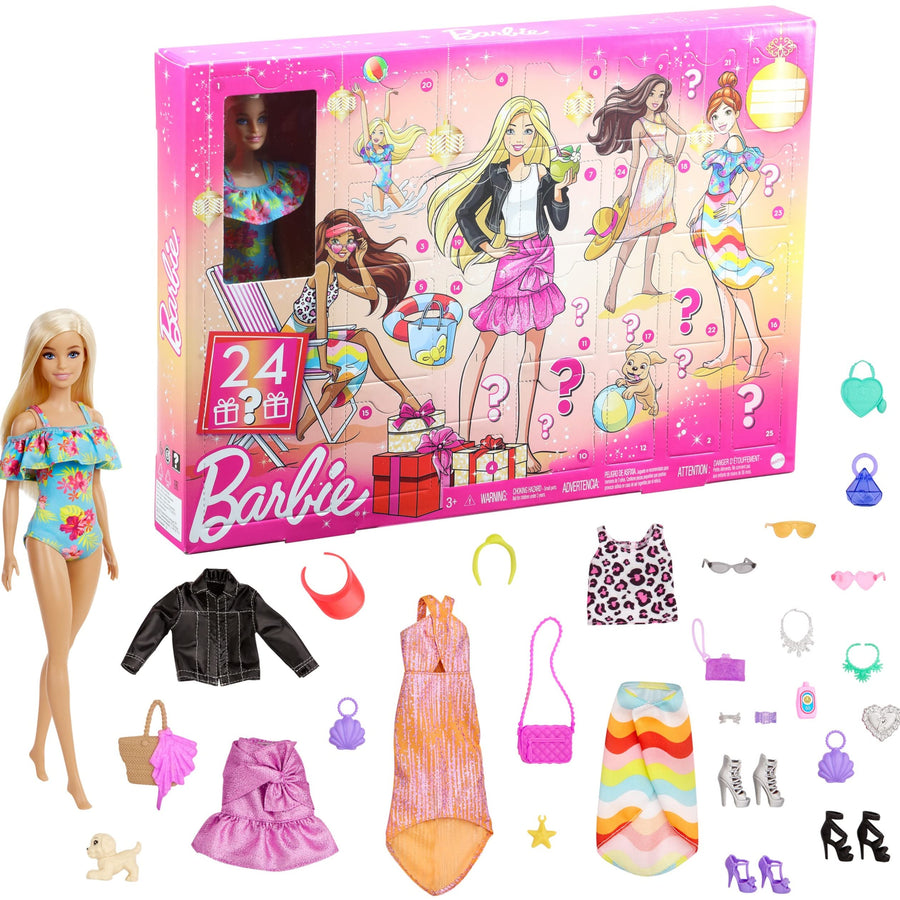 Barbie Advent Calendar with Barbie Doll (12-in), 24 Surprises Including Day-to-Night Trendy Clothing & Accessories, Festive Holiday Themed Packaging for Kids 3 to 7 Years Old