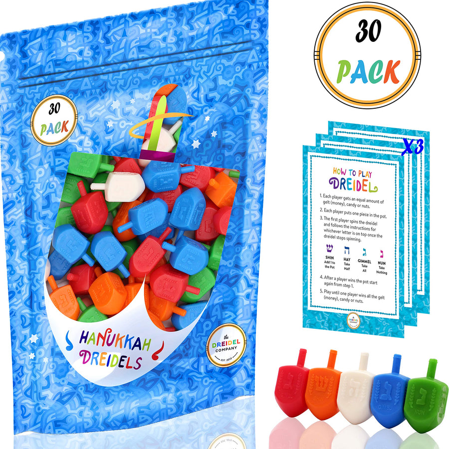 Hanukkah Dreidels 30 Bulk Pack Multi-Color Plastic Chanukah Draydels With English Transliteration In Reusable Ziplock Bag- Includes 3 Dreidel Game Instruction Cards (30-Pack)
