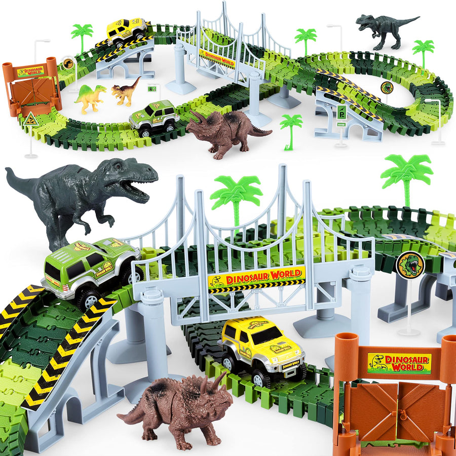 Dinosaur Toys-170 pcs Create A Dinosaur World Road Race-Flexible Track Playset ,4 Dinosaurs and 2 Race Car Toys for 3 4 5 6 Year & Up Old boy Girls Best Gift (Green)