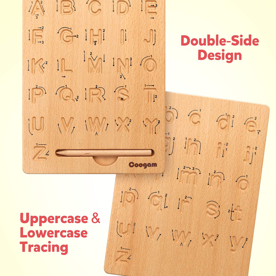 Coogam Wooden Letters Practicing Board, Double-Sided Alphabet Tracing Tool Learning to Write ABC Educational Toy Game Fine Motor Montessori Gift for Preschool 3 4 5 Years Old Kids
