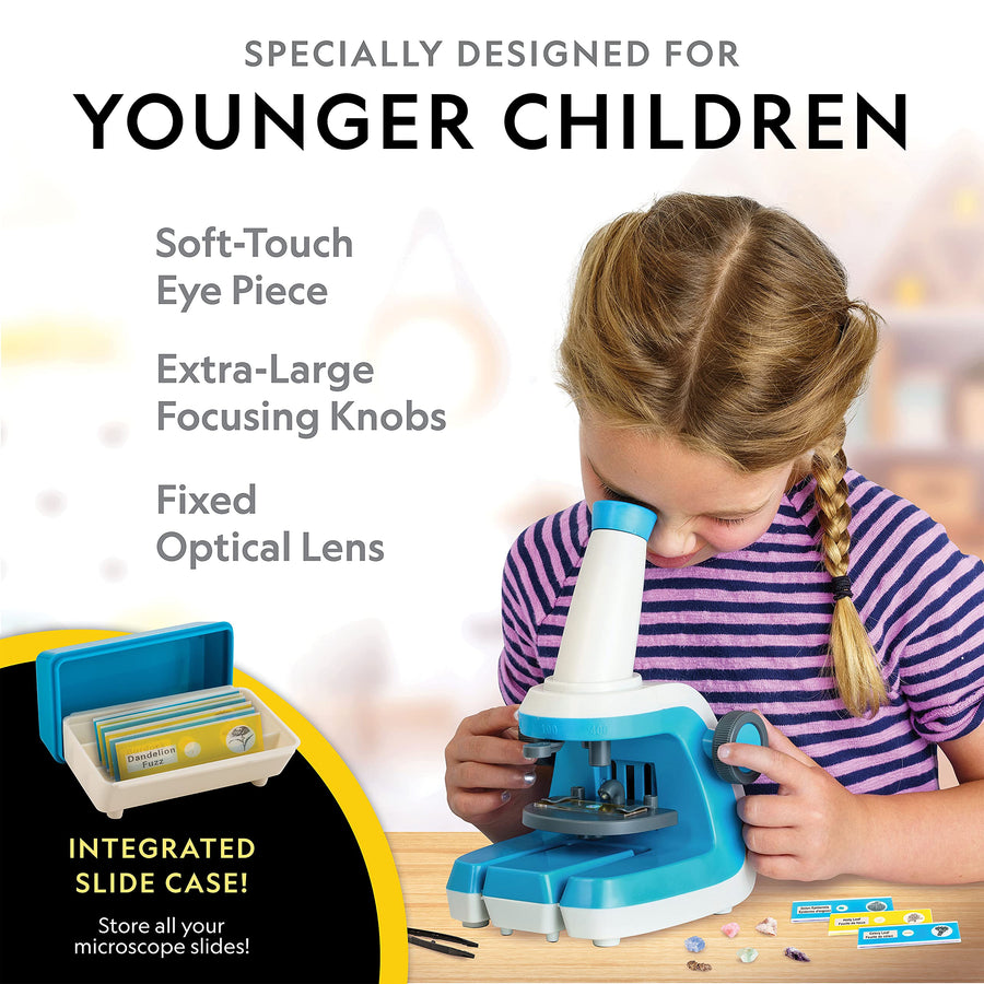 NATIONAL GEOGRAPHIC Microscope for Kids - STEM Kit with an Easy-to-Use Kids Microscope, Up to 400x Zoom, Blank and Prepared Slides, Rock and Mineral Specimens, and More, Great Science Project Set