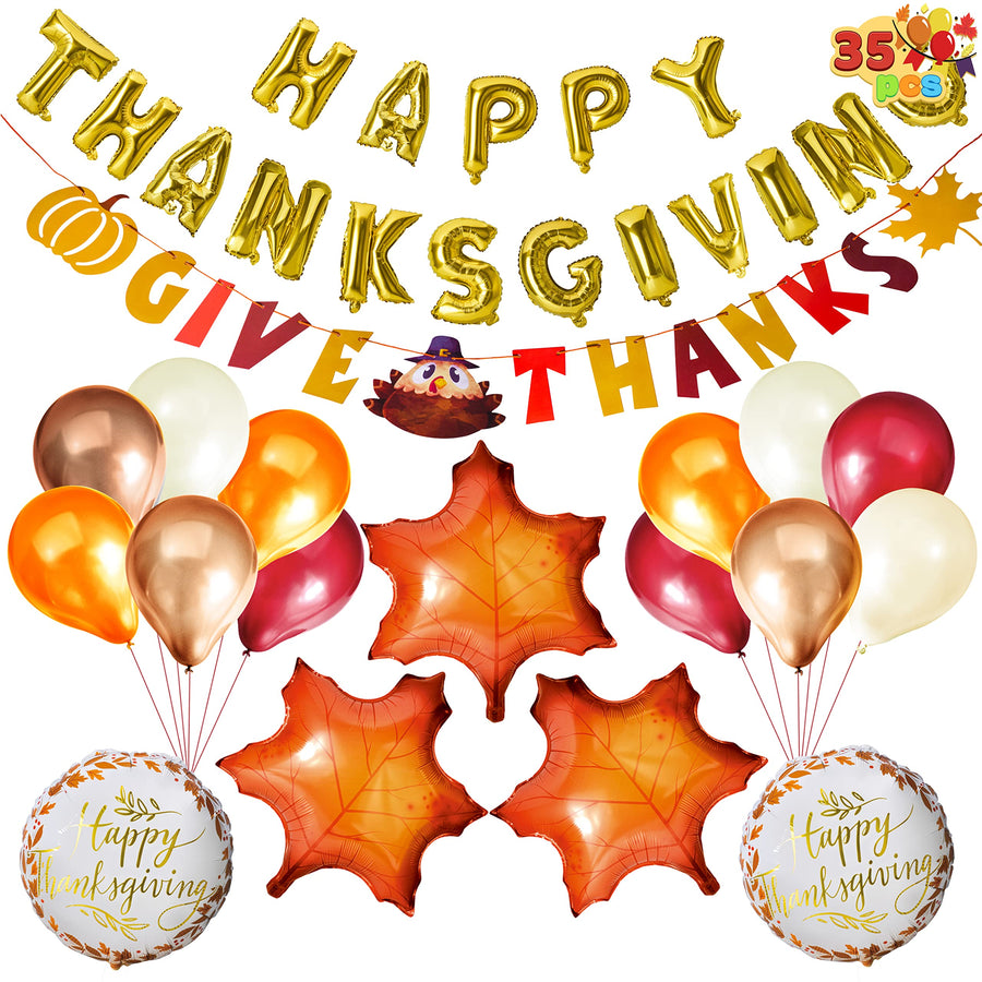 JOYIN 35 Pcs Thanksgiving Party Decoration Set Includes GiveThanks Hanging Banner, Happy Thanksgiving Gold Letter Foil Balloon, 12 Latex and 3 Maple Leaf Ballooons, Fall Holiday Decor Party Supplies