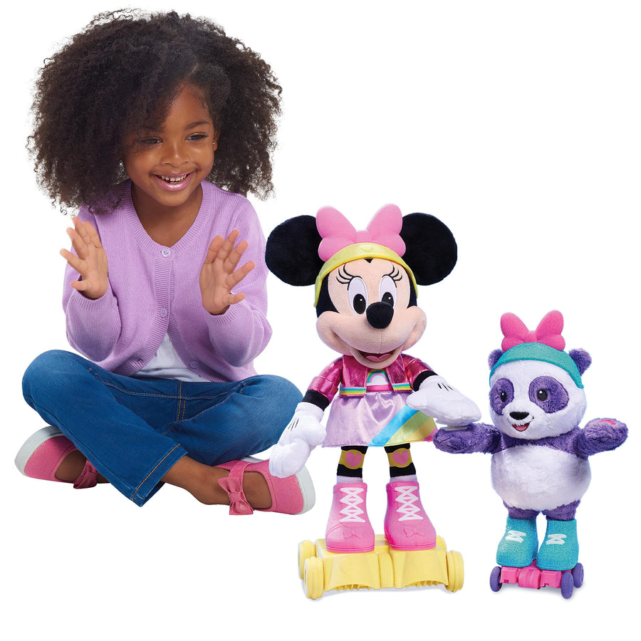 Disney Junior Minnie Mouse Roller-Skating Party Minnie Mouse, Interactive Light Up Feature Plush with Talking, Singing, and Moving, Includes a Roller-Skating Panda, by Just Play