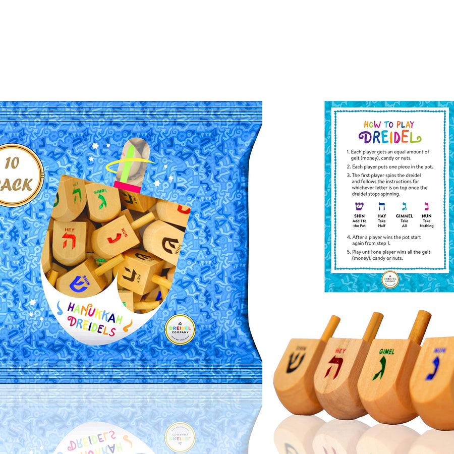 The Dreidel Company Wood Dreidels Medium Sized With English Translation (10-Pack) - Instructions Included!